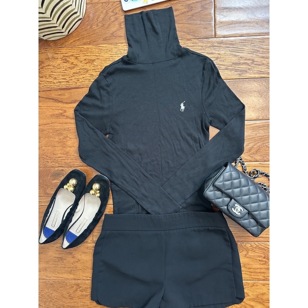 Polo Ralph Lauren Womens Black Turtleneck Shirt M Cotton Lyocell Pony Top